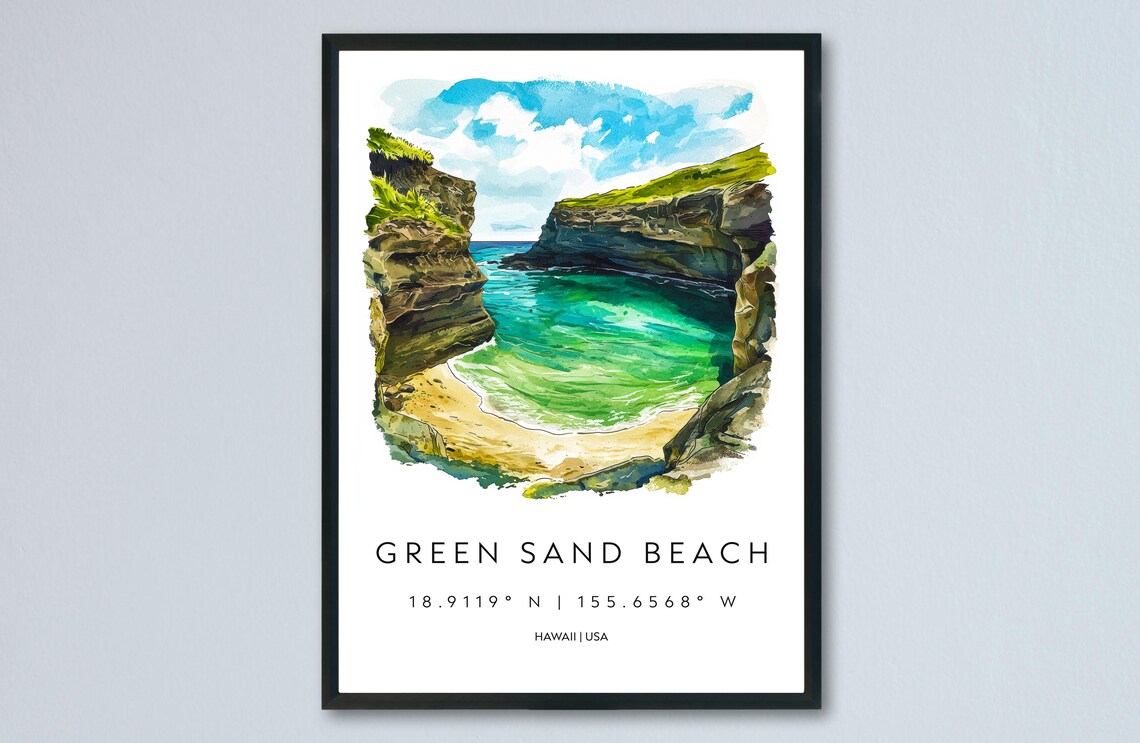 Green Sand Beach Hawaii Turquoise Cove Watercolor Travel Poster