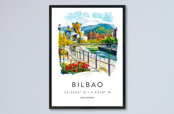 Bilbao Spain Watercolor Travel Poster Guggenheim Museum Riverside