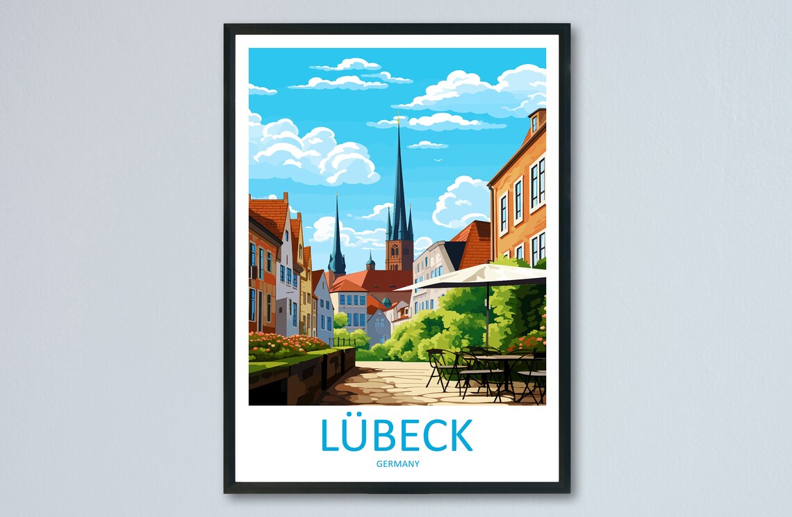Lubeck Germany Twin Spires Old Town Terrace Scene Travel Poster