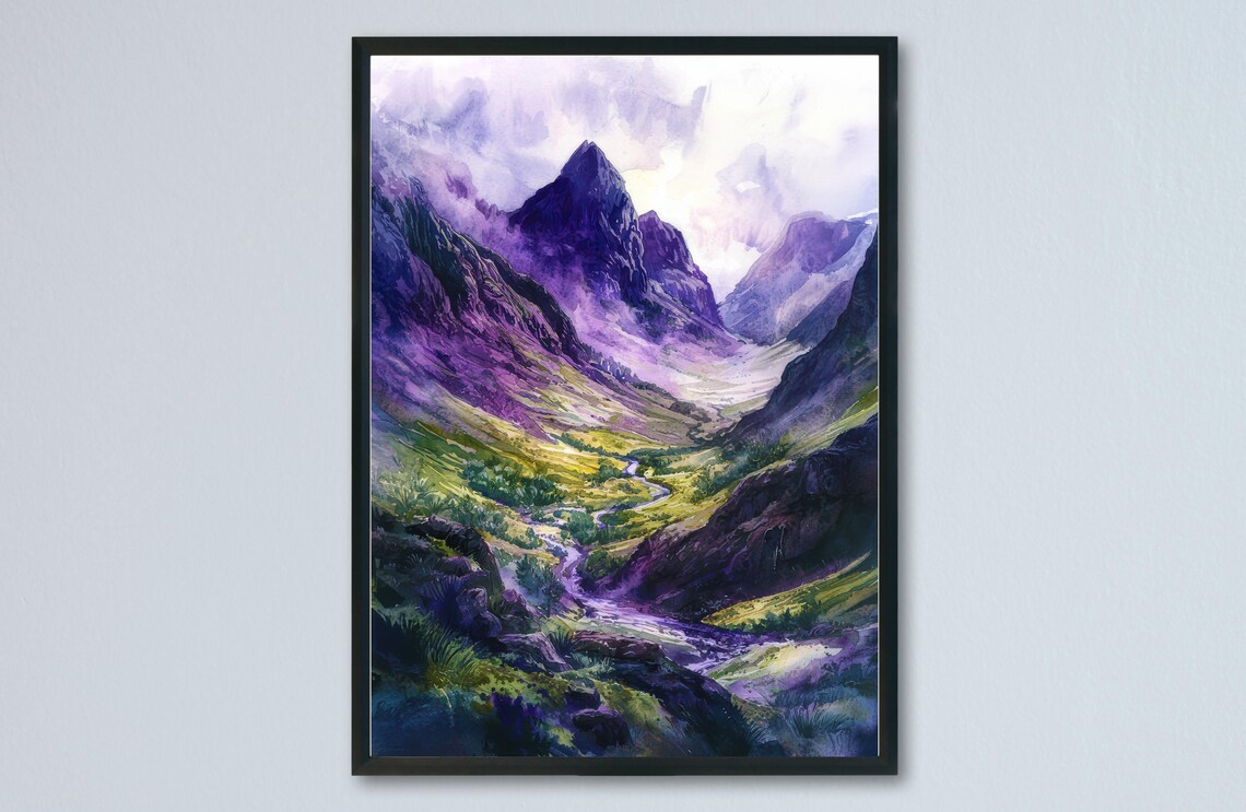 Glencoe Purple Mountain Valley Watercolor Scotland Highlands Poster