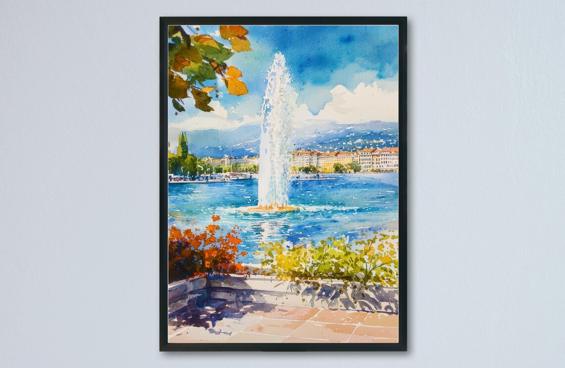 Geneva Iconic Jet d'Eau Fountain Lakefront Watercolor Travel Poster