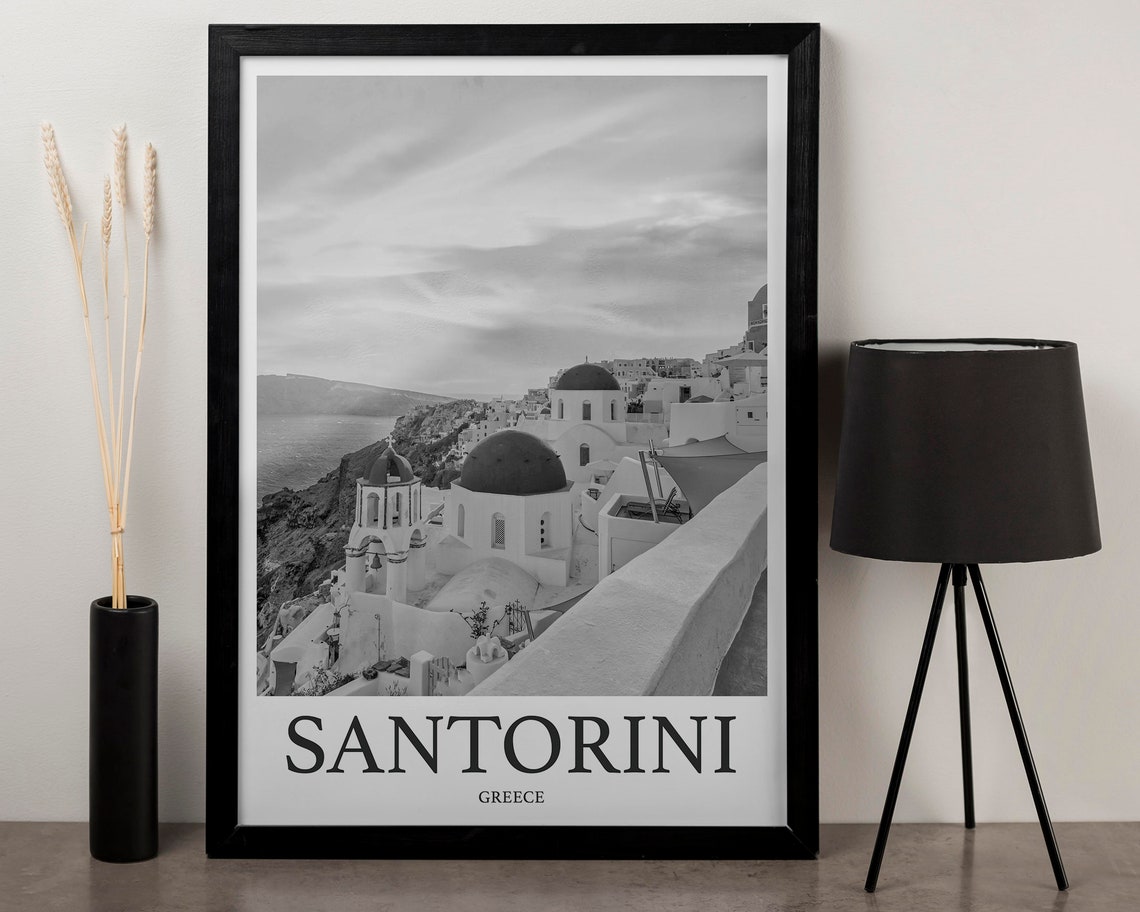 Santorini Greece Black and White Blue Dome Churches Art Poster - Image 3