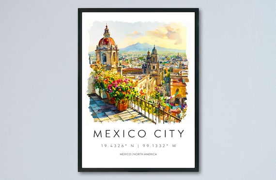 Mexico City Watercolor Poster Travel Print Wall Art Cdmx Painting Souvenir Urban Decor