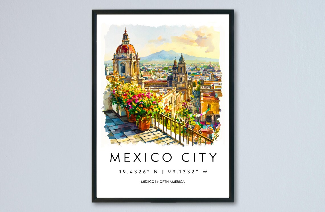 Mexico City Watercolor Travel Poster Cathedral Terrace Sunset View Art