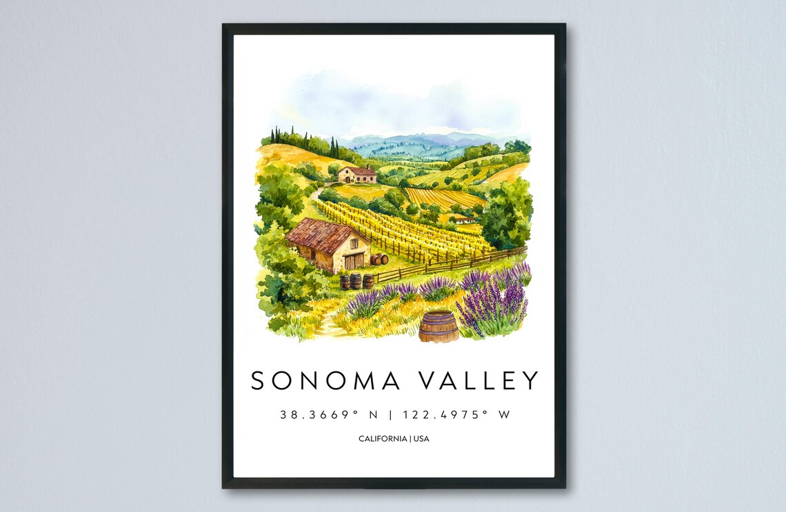 Sonoma Valley Watercolor Travel Poster, Wine Country
