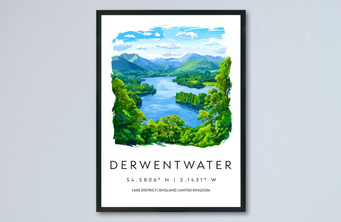 Derwentwater Lake Wooded Islands Fells View Watercolor Poster