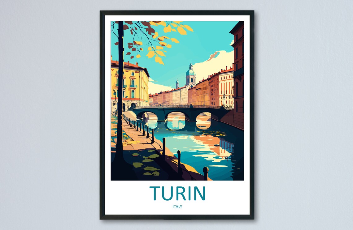 Turin Italy Autumn Canal Bridge Evening Vintage Travel Poster