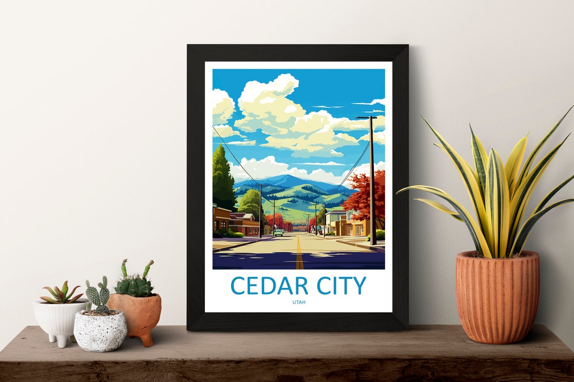 Cedar City Utah Retro Main Street Autumn Mountain Scene Poster - Image 3