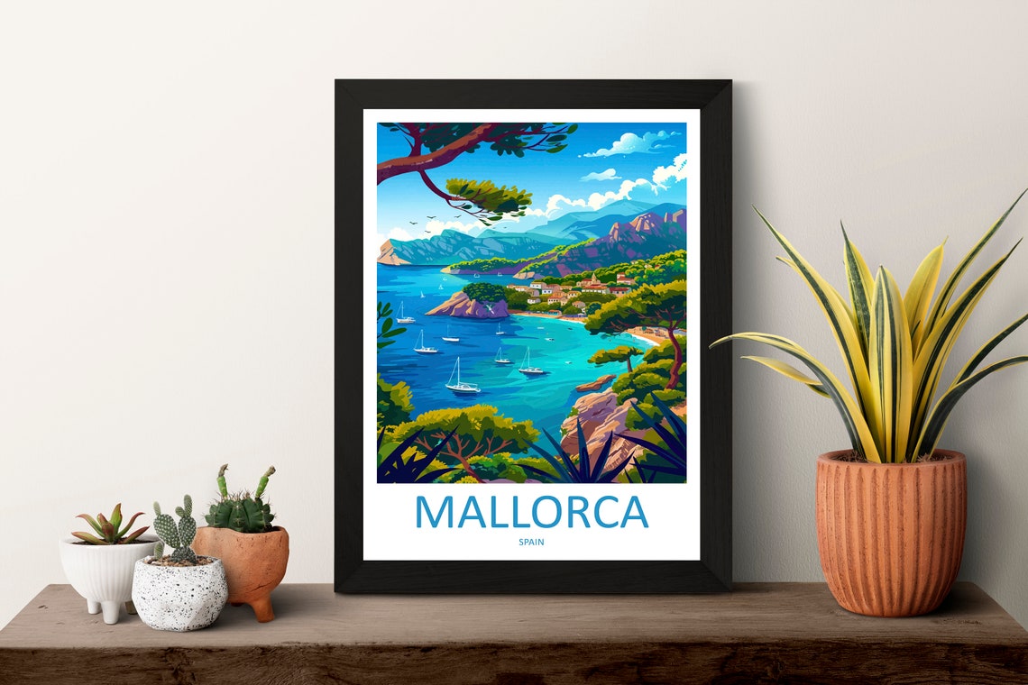 Mallorca Spain Sailboat Bay Pine Trees Coastal Travel Poster - Image 3
