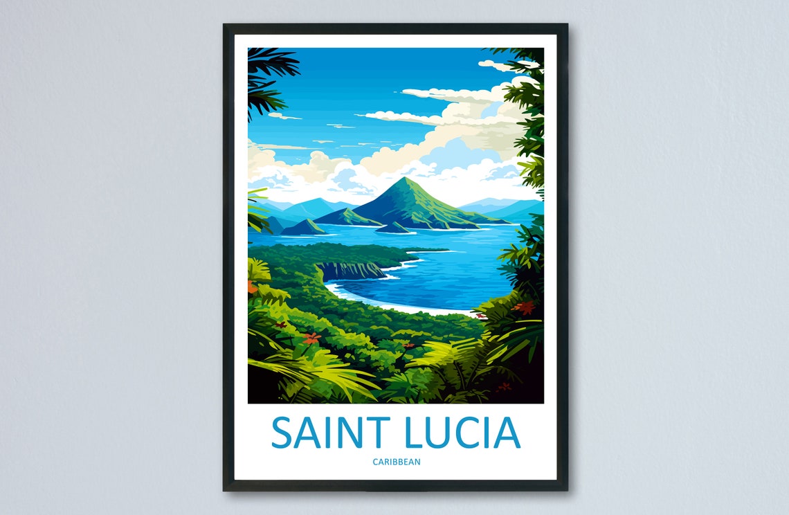 Saint Lucia Pitons Tropical Coastline Caribbean Travel Poster