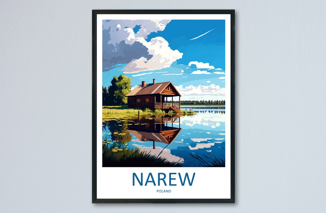 Narew Poland Wooden Cabin Lake Mirror Reflection Retro Travel Poster