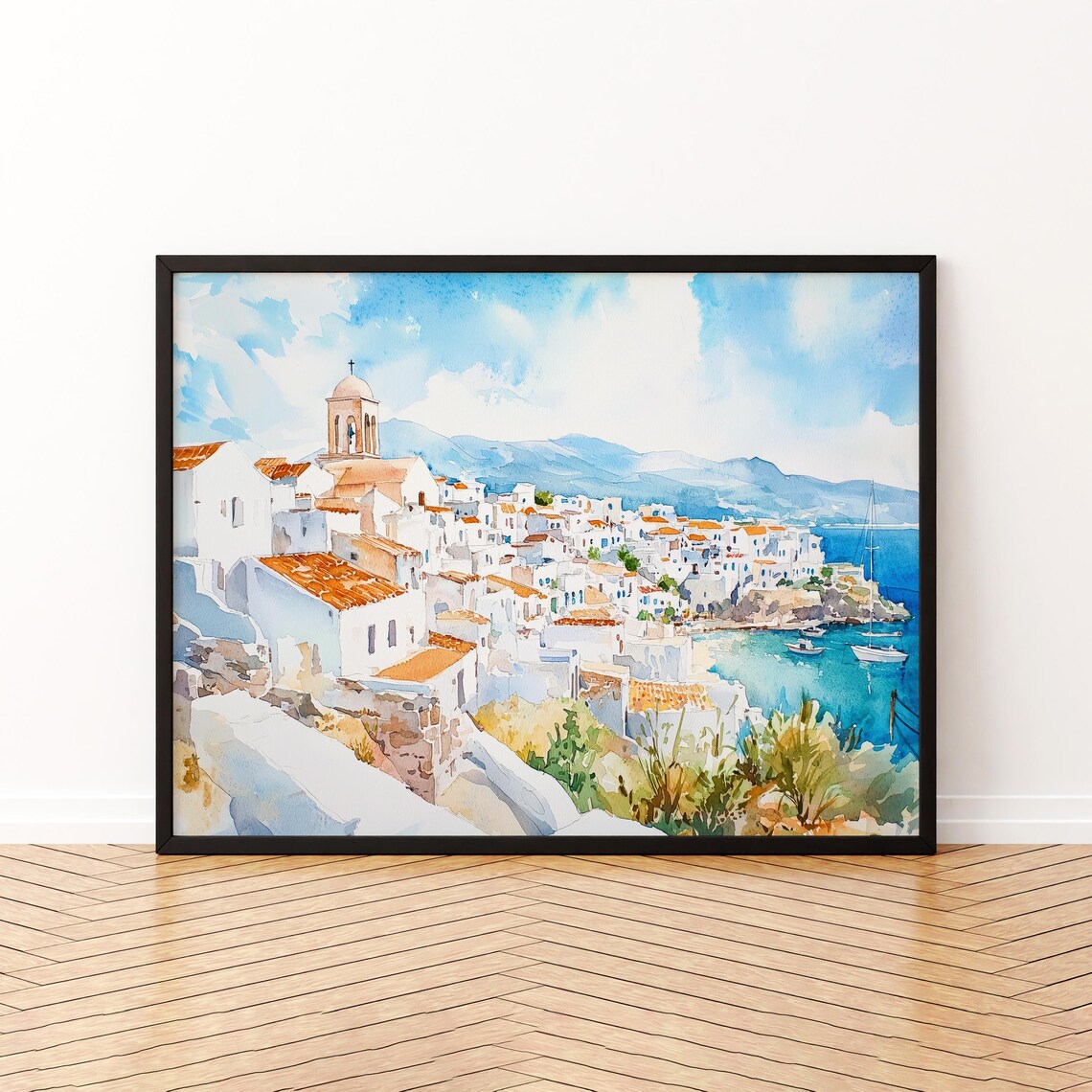 Naxos Greece Watercolor Poster Whitewashed Coastal Village By Turquoise Sea