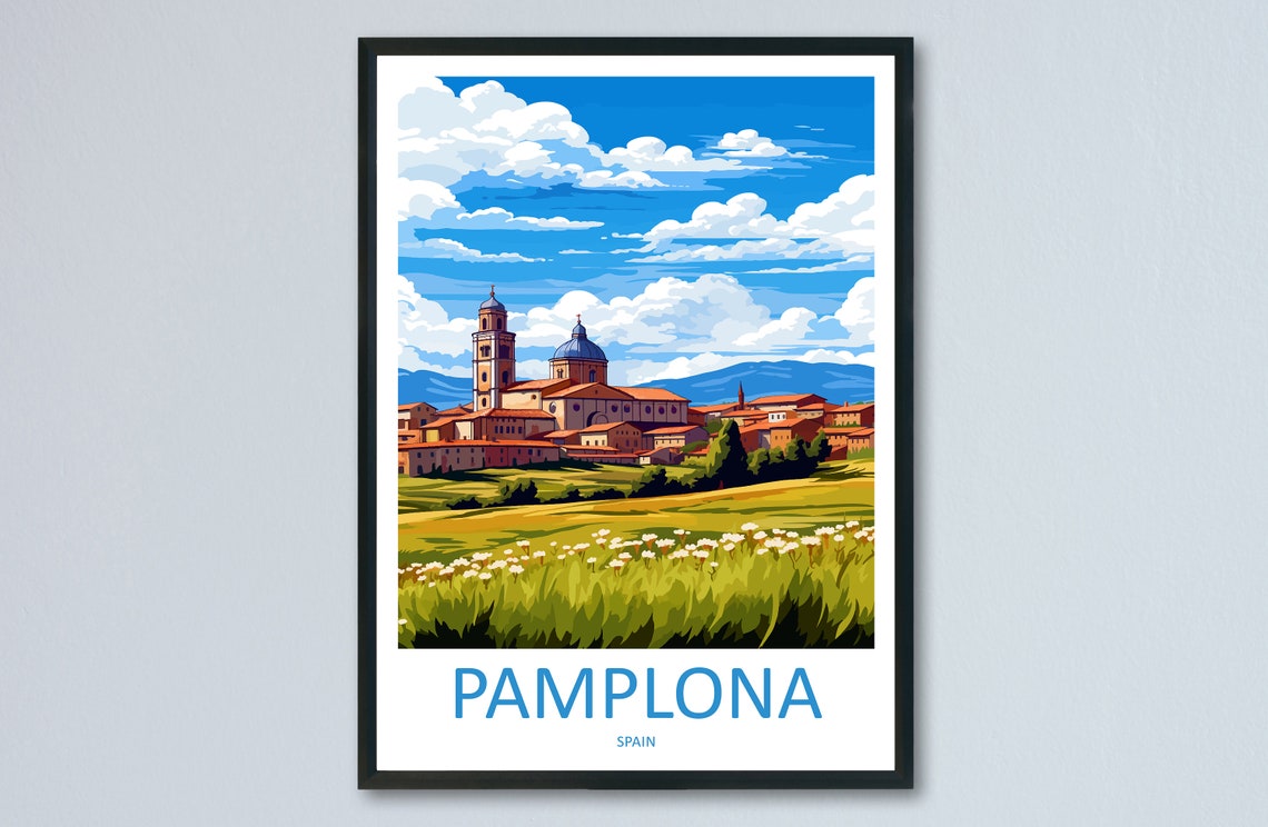 Pamplona Spain Cathedral Skyline Meadow Flower Fields Travel Poster