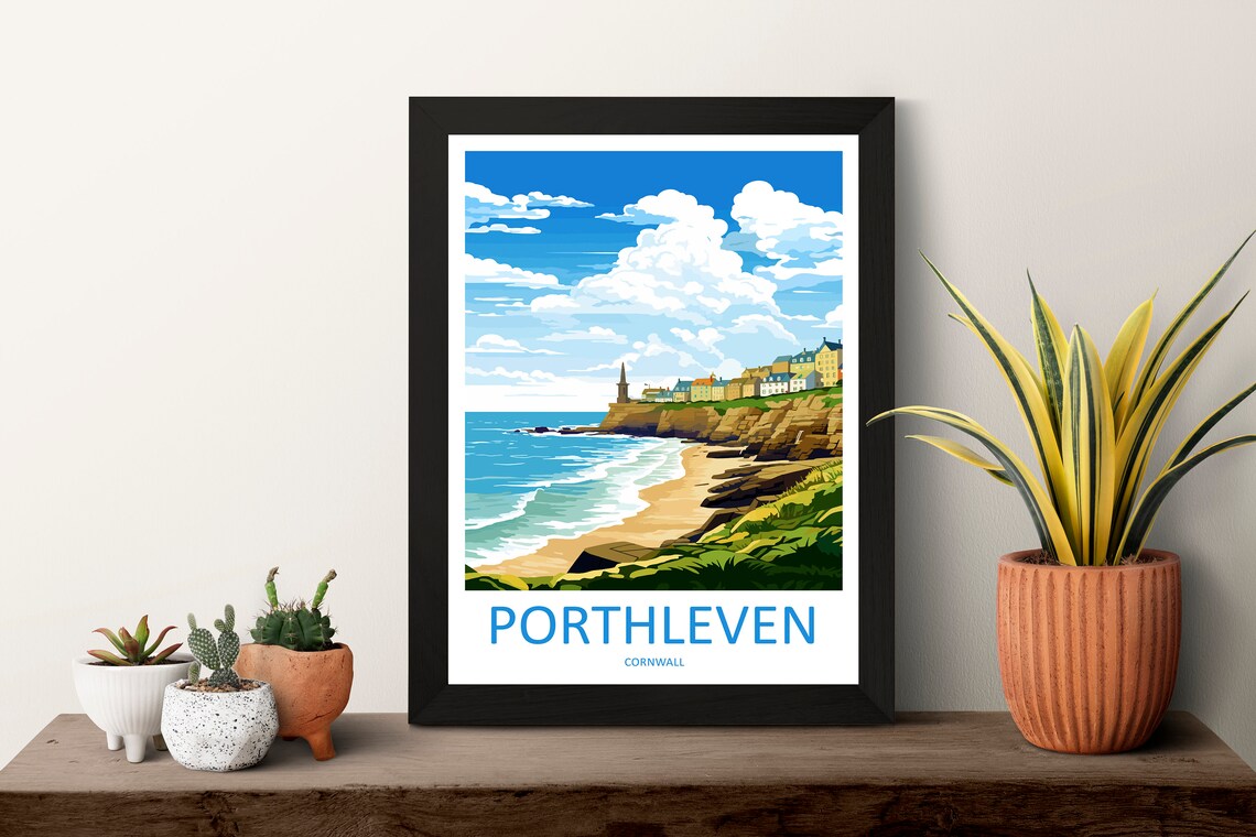 Porthleven Cornwall Vintage Retro Beach Travel Illustration Poster - Image 3