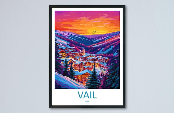 Vail USA Alpine Ski Resort Village Sunset Mountain Travel Poster
