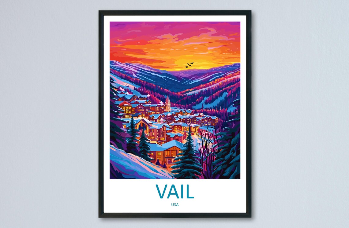 Vail USA Alpine Ski Resort Village Sunset Mountain Travel Poster