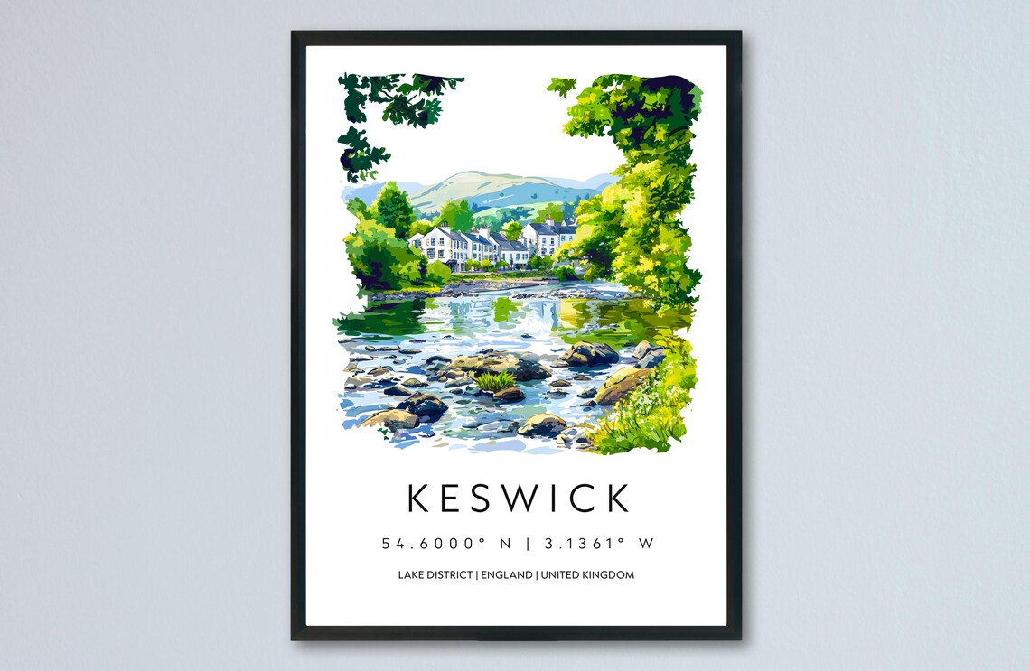 Keswick River Rocks Lake District Village Cumbria Watercolor Poster