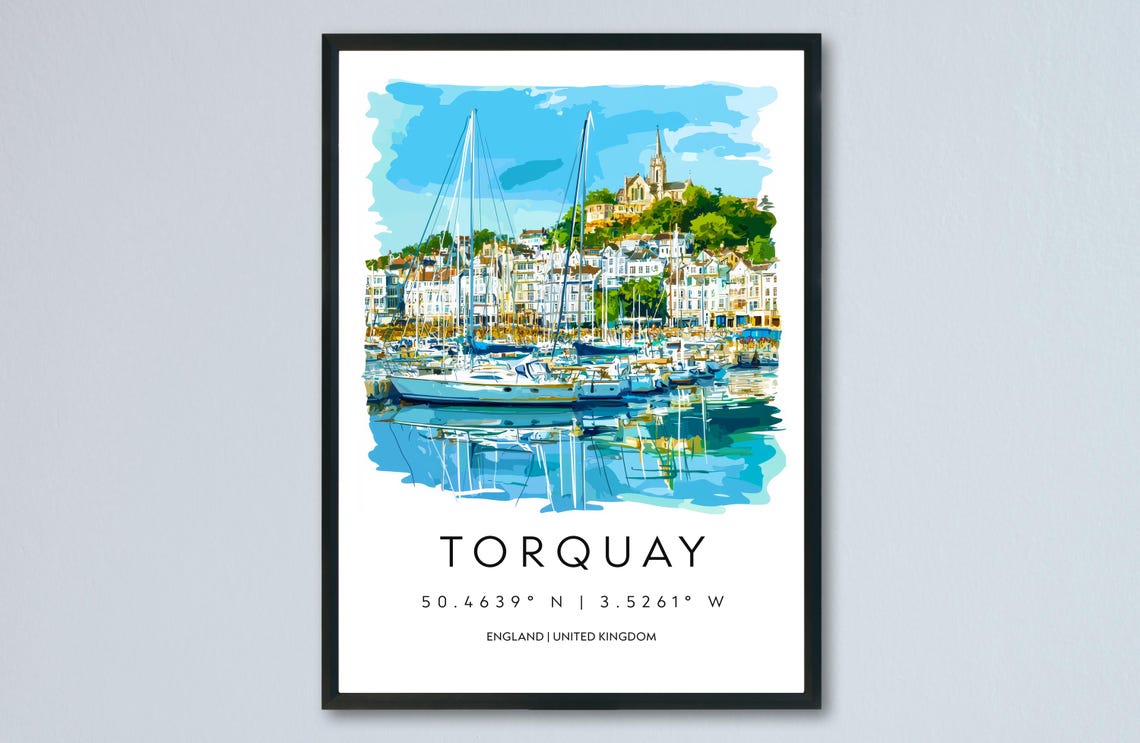 Torquay Watercolor Travel Poster, Devon Wall Art Print