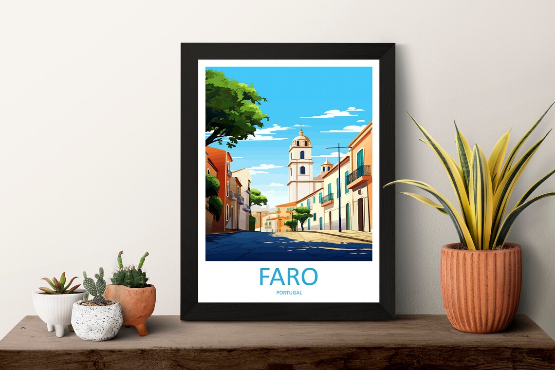 Faro Portugal Sunny Old Town Street with Church Tower Travel Poster - Image 3