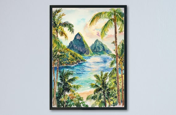 Saint Lucia Watercolor Poster Travel Print Wall Art Painting Caribbean Souvenir Decor