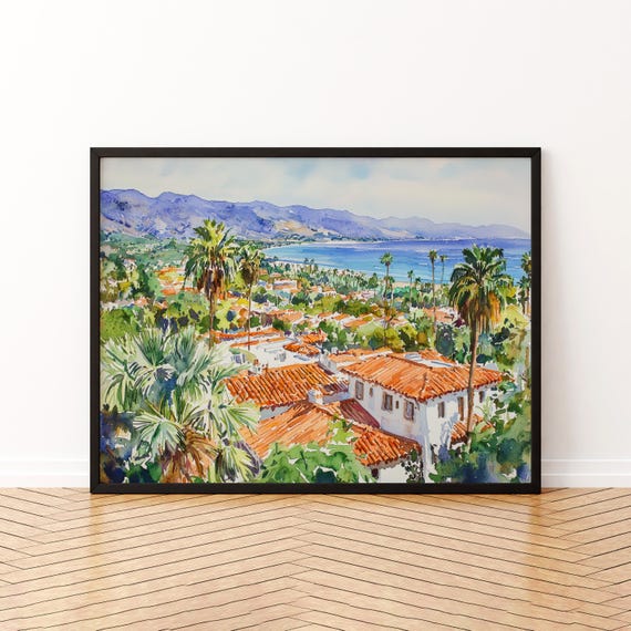 Santa Barbara Watercolor Poster Travel Print Coastal City Painting Beach Wall Art Usa Souvenir