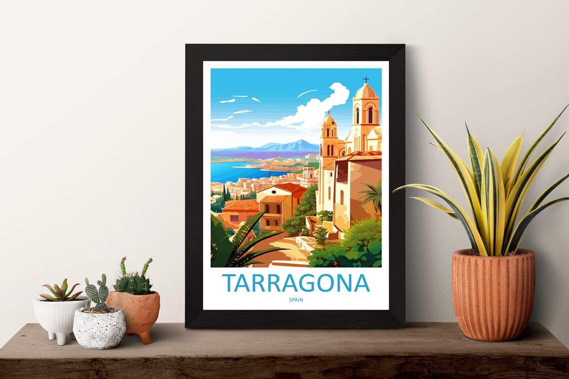 Tarragona Spain Cathedral Towers Mediterranean Sea View Retro Poster - Image 3