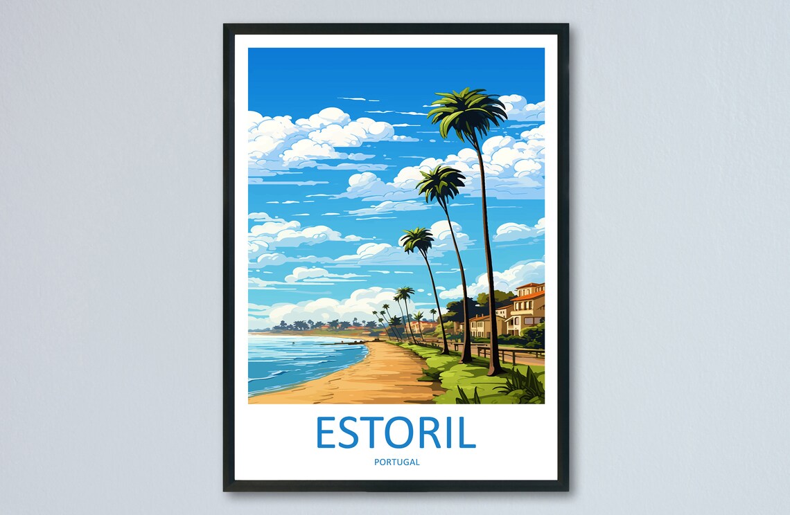 Estoril Portugal Calm Palm Beach Promenade Golden Sunset Poster