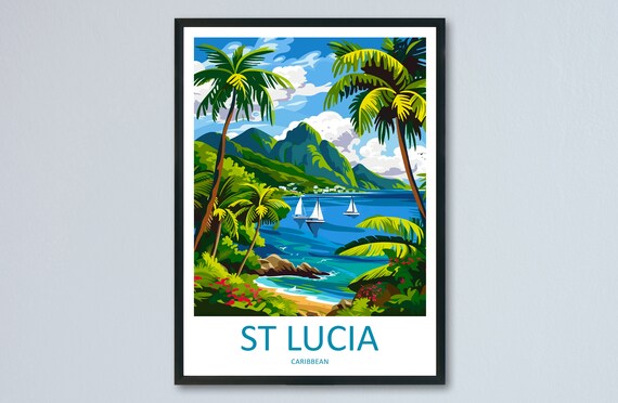 St Lucia Caribbean Pitons Palms Sailboats Bay Island View Poster
