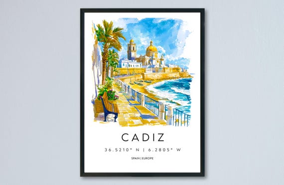 Cadiz Watercolor Travel Poster, Spain Coastal City Scene