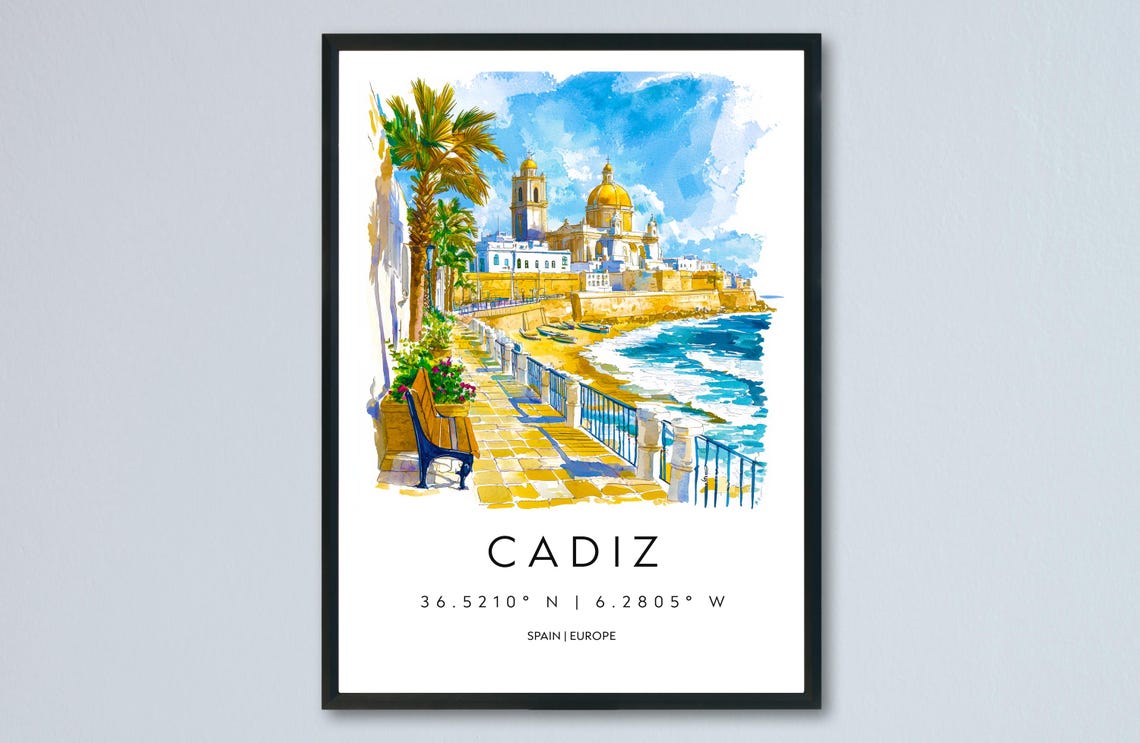 Cadiz Watercolor Travel Poster, Spain Coastal City Scene