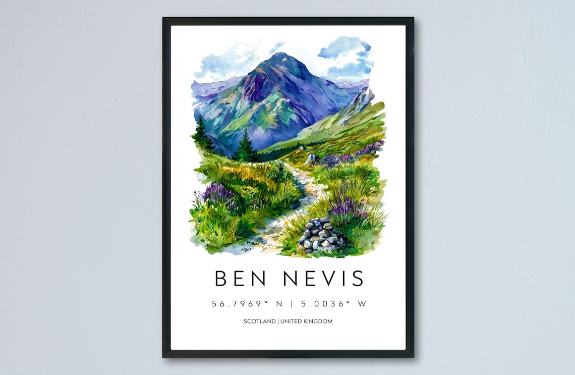 Ben Nevis Scotland Mountain Trail Watercolor Highland Peak Poster