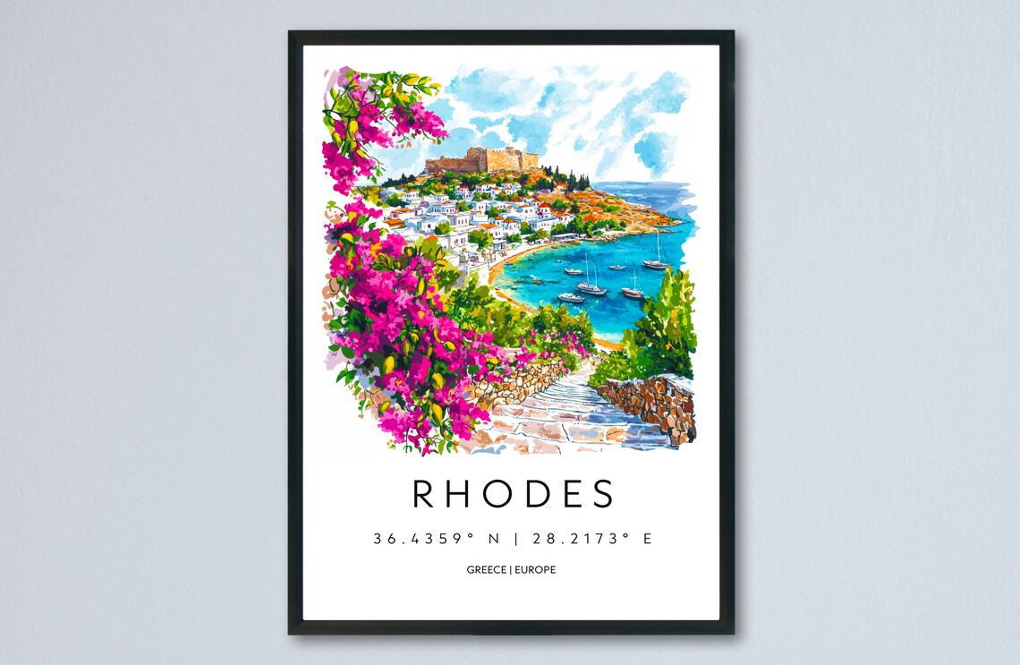 Rhodes Greece Bougainvillea Bay Castle Watercolor Travel Poster