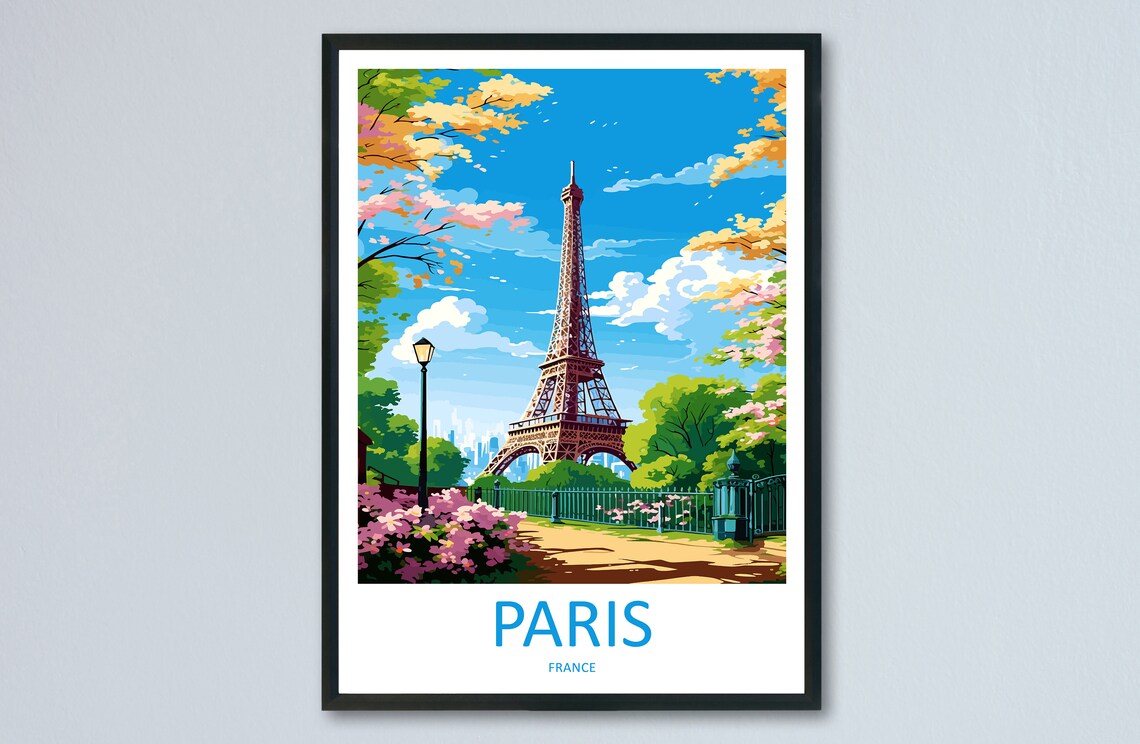 Paris France Eiffel Tower Spring Blossom Illustration Travel Poster
