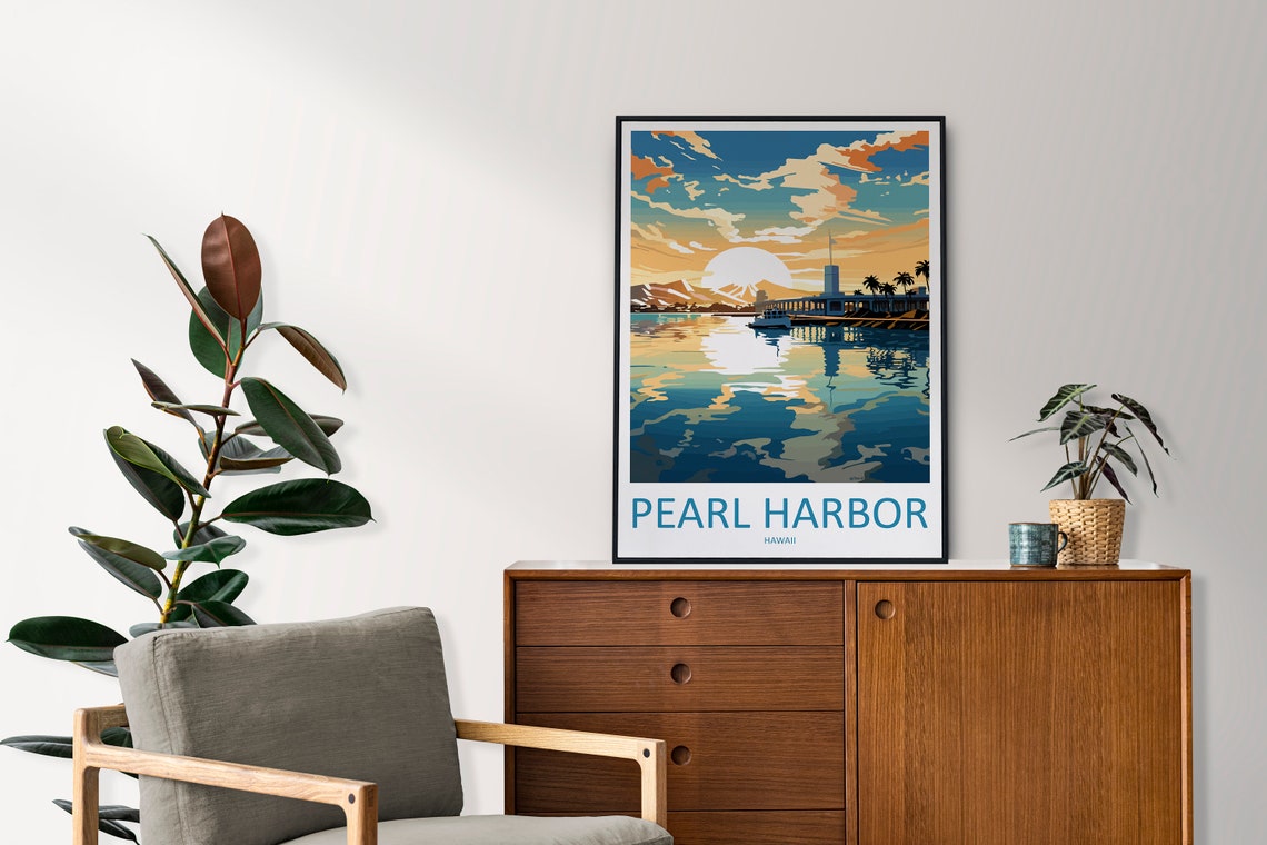 Pearl Harbor Hawaii Sunset Harbor Waterfront History Scene Poster - Image 2