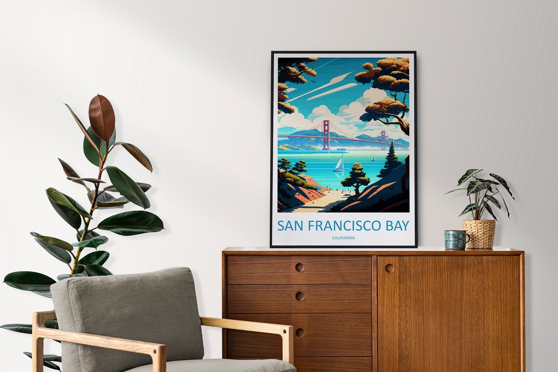 San Francisco Bay Golden Gate Bridge Sailboat Coastline Travel Poster - Image 2