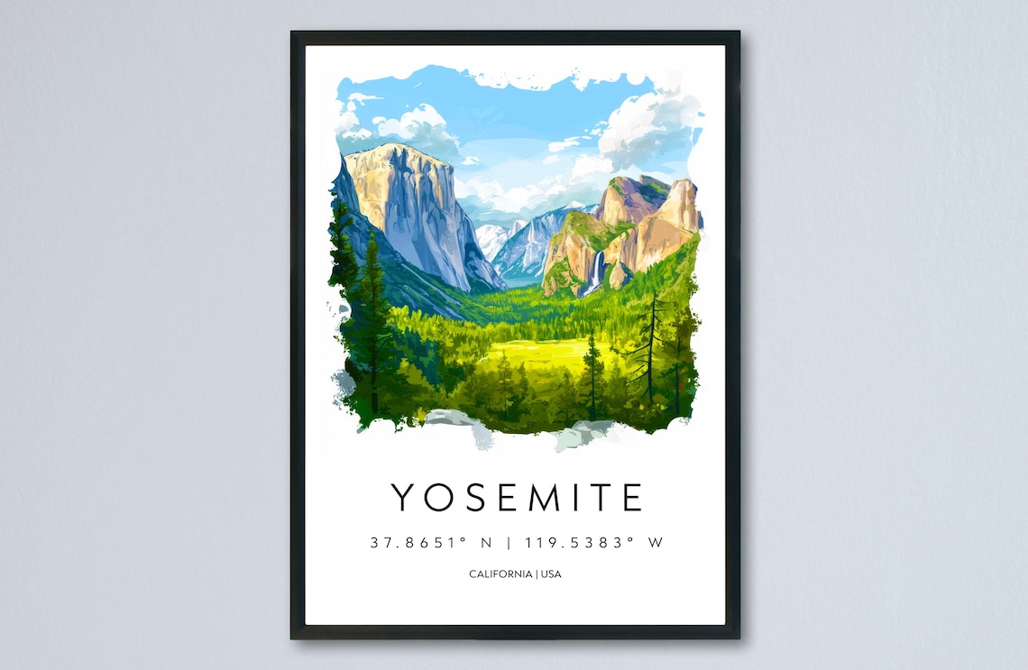 Yosemite Valley Watercolor Travel Poster With California Coordinates