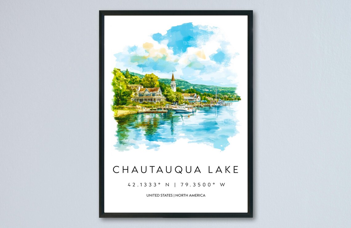 Chautauqua Lake New York Village Shore Watercolor Art Poster