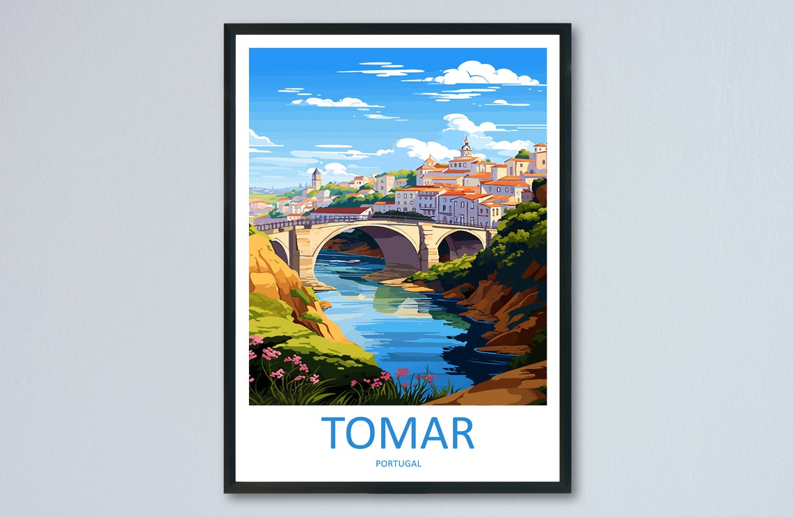 Tomar Portugal Stone Bridge River Gorge Hillside Town Poster