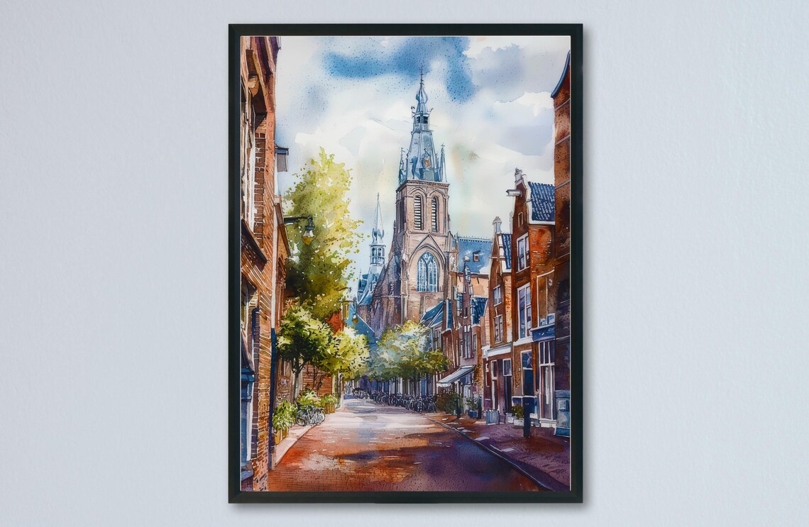 Haarlem Dutch Street Church Tower Brick Houses Watercolor Poster
