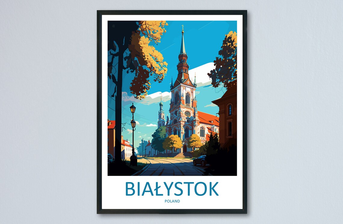 Białystok Poland Golden Basilica Spire Autumn Street Scene Poster