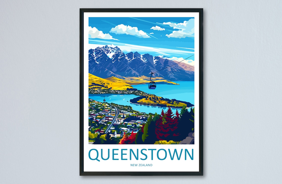 Queenstown New Zealand Gondola Lake Wakatipu Vintage Travel Poster Art