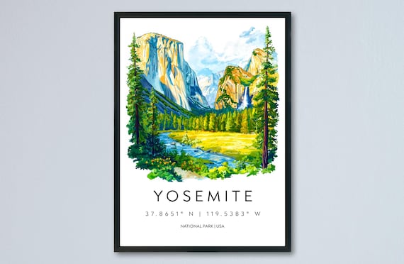 Yosemite Watercolor National Park Granite Cliffs River Travel Poster