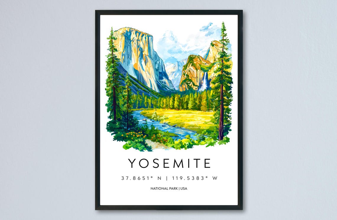 Yosemite Watercolor National Park Granite Cliffs River Travel Poster