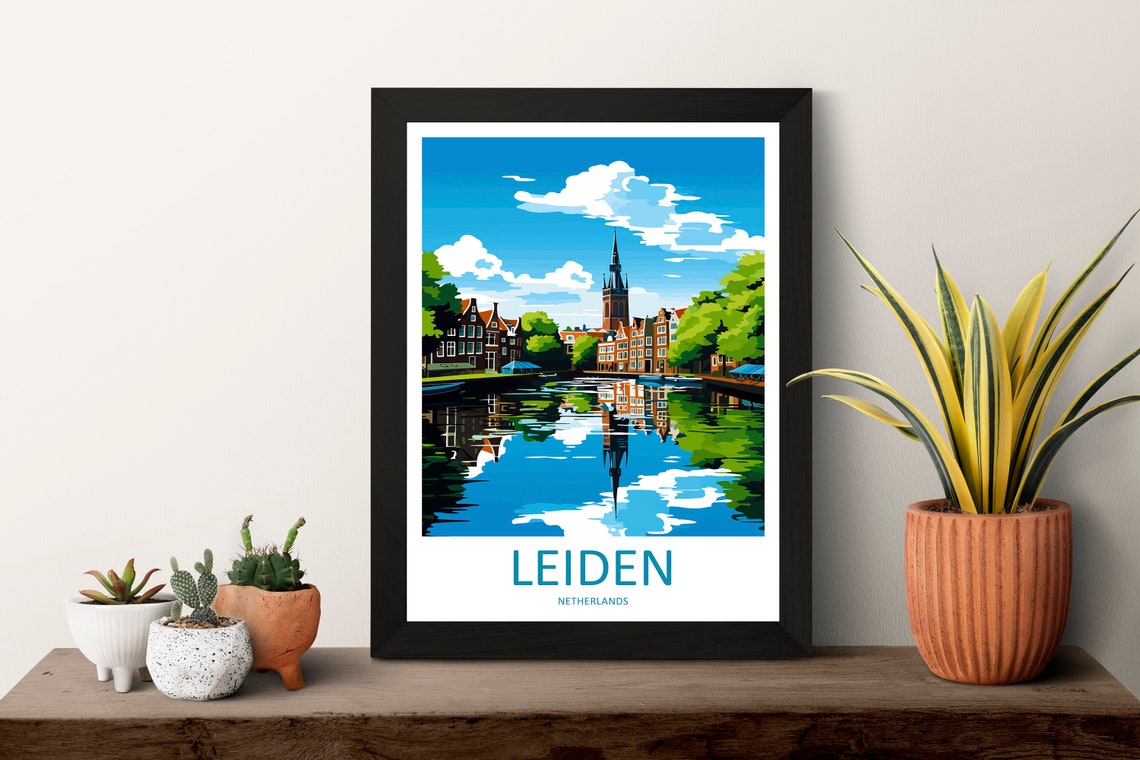 Leiden Netherlands Canal Church Tower Reflection Retro Travel Poster - Image 3