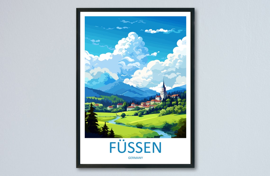Füssen Germany Alpine Valley Town Minimal Landscape Travel Poster