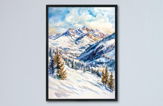 Snowbird Utah Snow-Covered Mountain Peaks Ski Resort Valley Watercolor Poster