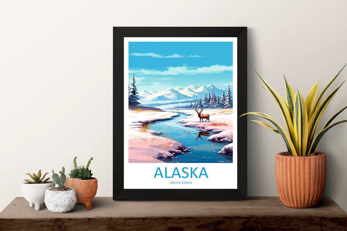 Alaska Snowy River Valley with Moose Winter Landscape Travel Poster - Image 3