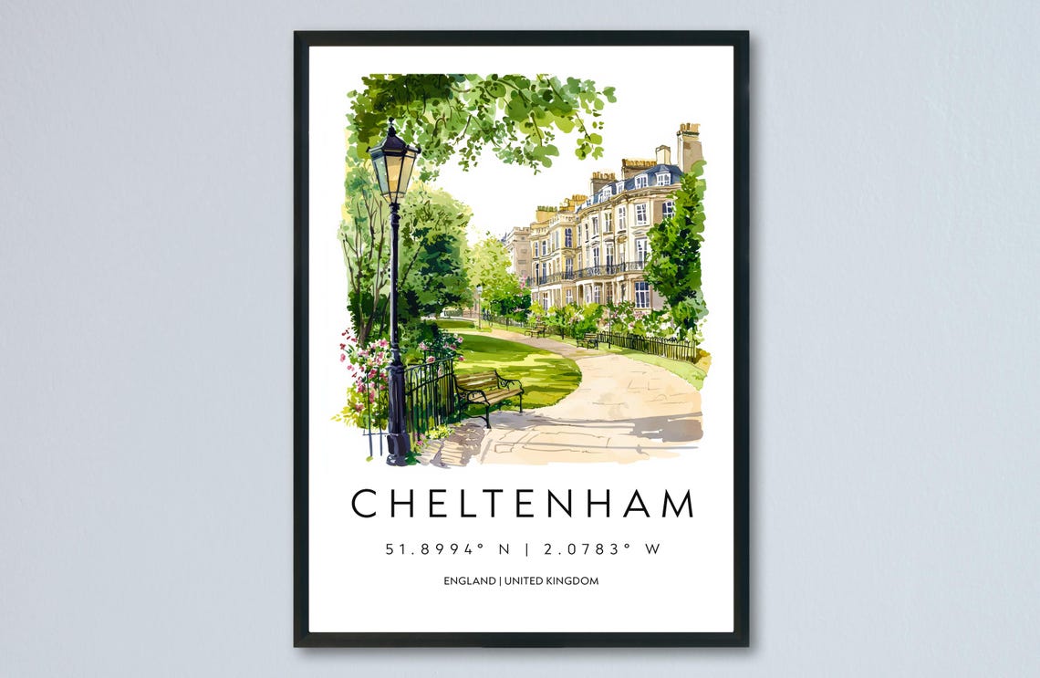 Cheltenham England Georgian Crescent Garden Watercolor Travel Poster