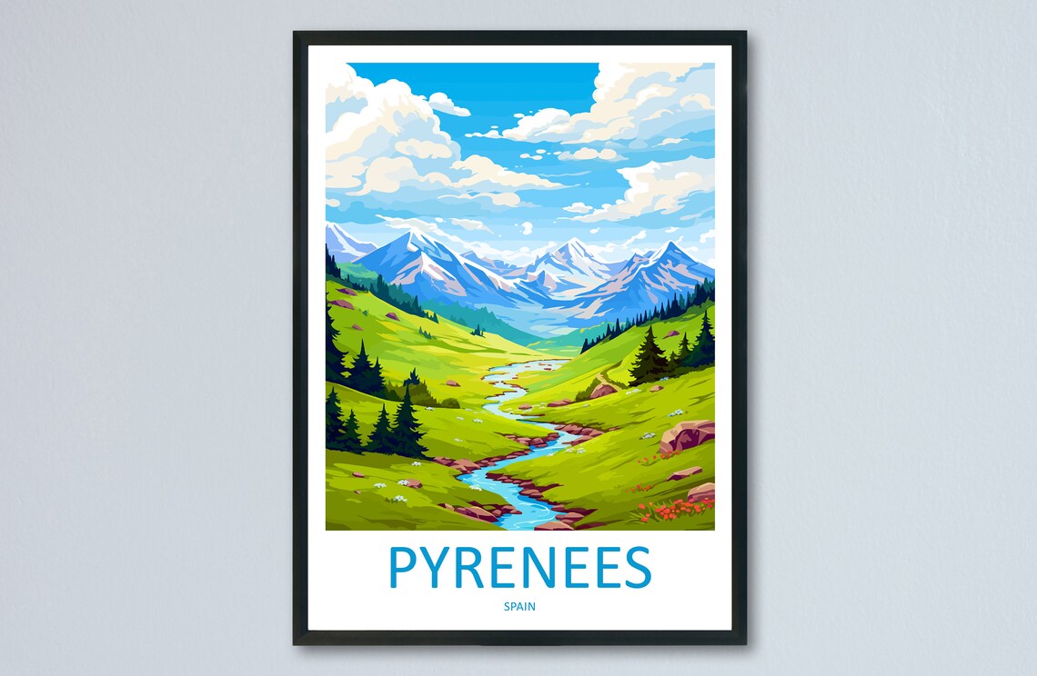Pyrenees Spain Snowcapped Peaks Alpine Stream Vintage Travel Poster