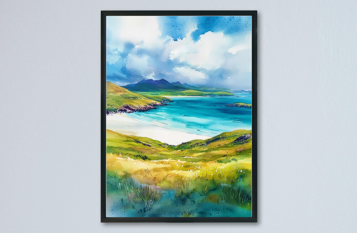 Isle of Harris White Sand Turquoise Bay Watercolor Beach Poster